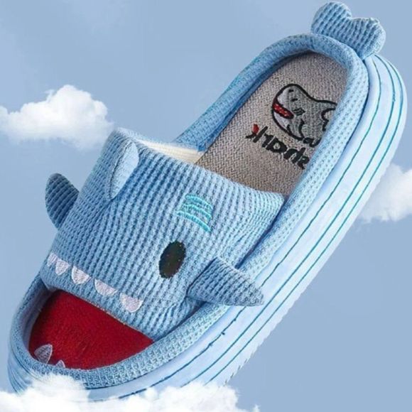 JAWS Blue Shark Slippers | Women Kids Cotton Home Indoor Shoes Winter - Picture 8 of 8